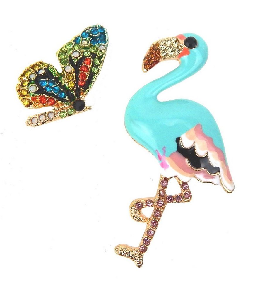 Ella Jonte Broschen Set, Flamingo und Schmetterling Set Strass Emaille gold Ziernadel von Ella Jonte