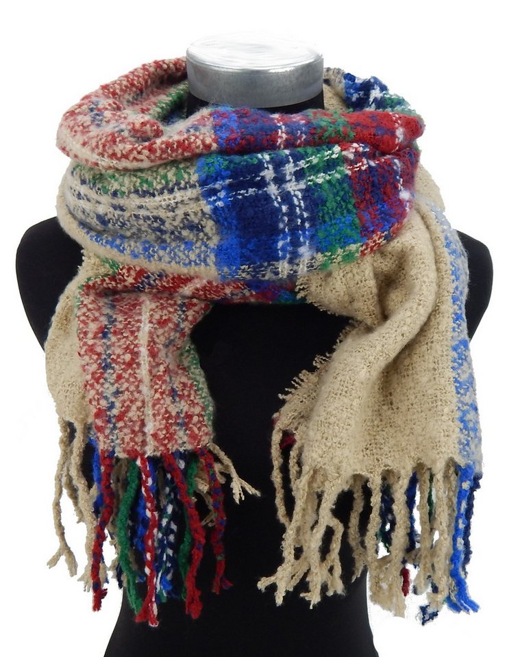 Ella Jonte Modeschal, kuschelweicher breiter Winterschal beige blau rot mit langen Fransen von Ella Jonte