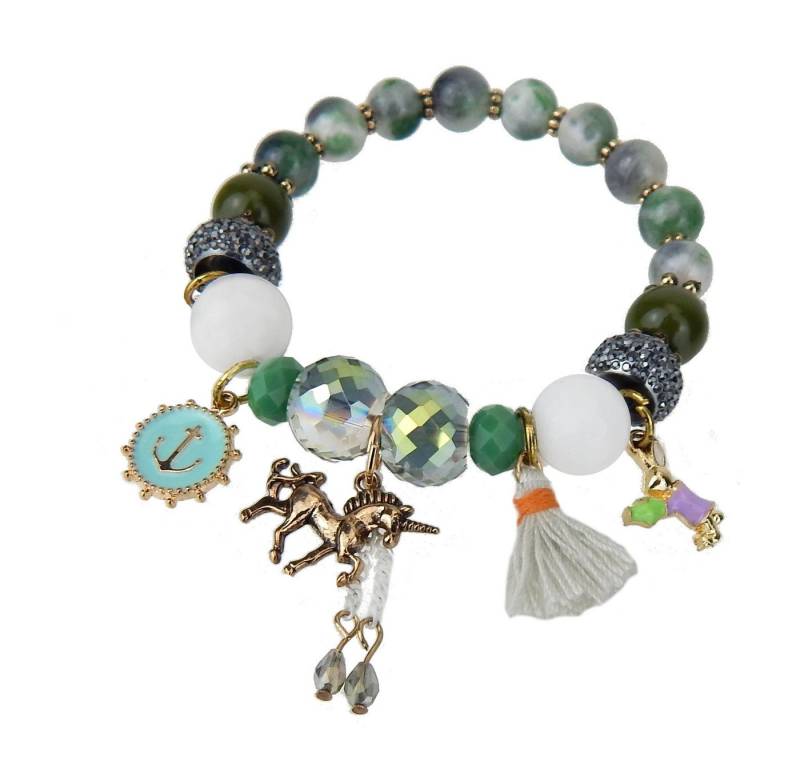 Ella Jonte Perlenarmband, Boho Armband grün weiss bunt mit Anhänger Quaste elastisch von Ella Jonte