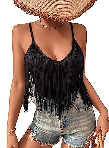 Damen Tanktop mit Fransen – Festival Oberteile mit festem Quastensaum ärmellosem V Ausschnitt Konzert Outfit Boho Unterhemd Rave Shirts(Black,L,10742r) von Ella Lust