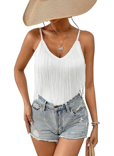 Damen Tanktop mit Fransen – Festival Oberteile mit festem Quastensaum ärmellosem V Ausschnitt Konzert Outfit Boho Unterhemd Rave Shirts(White,L,10742r) von Ella Lust