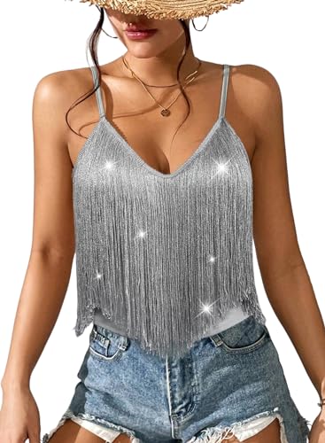 Ella Lust Damen Tanktop Fransen – Festival Solide Quaste Saum Tops Ärmellos V-Ausschnitt Konzert Outfits Boho Camisole Rave Shirts,silber,Klein von Ella Lust