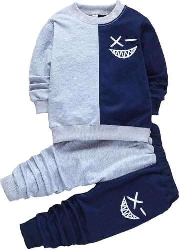 Ella Lust Bekleidungssets Für Jungen Blockfarben – Coole Cartoon Gesichtsaufdruck Outfit Anzug Sweatshirt + Hose Kleidung 2pcs Set (NavyGray,120,1207r) von Ella Lust