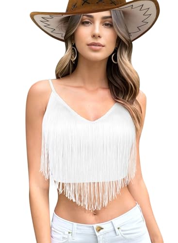 Ella Lust Boho Festival Outfit Damen - Fransen Cami Top Sexy Sommer Rock Set für Rave Party Crop Oberteil Shirt und Bodysuit(White,M,10741r) von Ella Lust