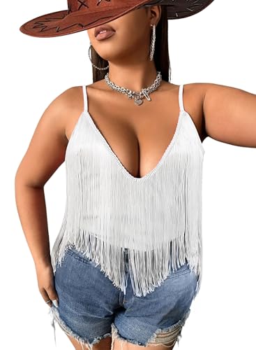 Ella Lust Cowgirl-Fransen-Tops in Übergröße für Damen – Western-Country-Konzert-Outfit, Festival-Tank mit Quaste, Boho-Rodeo-Camisole(White,XL,107422r) von Ella Lust