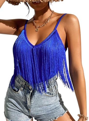 Ella Lust Damen Tanktop mit Fransen – Festival Solide Quaste Saum Tops Ärmellos V-Ausschnitt Konzert Outfits Boho Camisole Rave Shirts, Blau, Mittel von Ella Lust