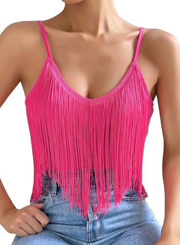 Ella Lust Damen Tanktop mit Fransen – Festival Solide Quaste Saum Tops Ärmellos V-Ausschnitt Konzert Outfits Boho Camisole Rave Shirts, Pink, Mittel von Ella Lust