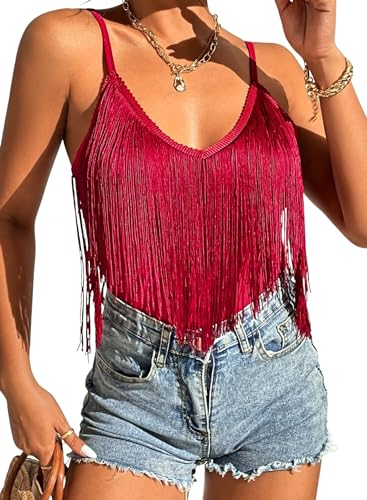 Damen Tank Top Mit Fransen – Sexy Spaghetti Cami Oberteile Elegant Boho Kleidung V Ausschnitt Konzert Outfit Rave Shirts Ärmellose Shirt Sommer Unterhemd Clothes(Red,M,10742r) von Ella Lust