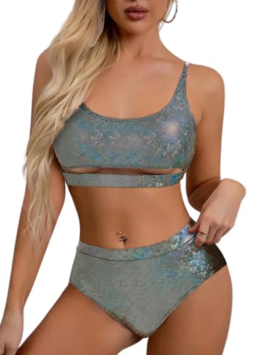 Ella Lust Glitzer-Rave-Outfits für Frauen – Festival, sexy, U-Ausschnitt, Unterbrustausschnitt, bauchfreies Top, hohe Taille, Bikini-Set, Schwarz, Large von Ella Lust