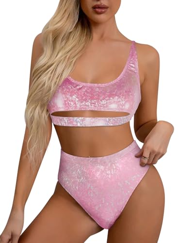 Ella Lust Glitzer Rave Outfits für Frauen – Festival sexy U-Ausschnitt Unterbrustausschnitt Bauchfreies Oberteil hohe Taille Bikini Set(Pink,XL,1302r) von Ella Lust