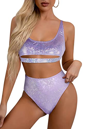 Ella Lust Glitzer Rave Outfits für Frauen – Festival sexy U-Ausschnitt Unterbrustausschnitt Bauchfreies Oberteil hohe Taille Bikini Set(Purple,L,1302r) von Ella Lust