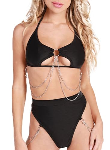 Ella Lust Rave-Outfits für Frauen – Sexy Festival Unterbrust-Oberteil mit Ausschnitt Disco-Silberkette hochgeschnittenes Nachtclub Bikini Set(Black,M,1312r) von Ella Lust