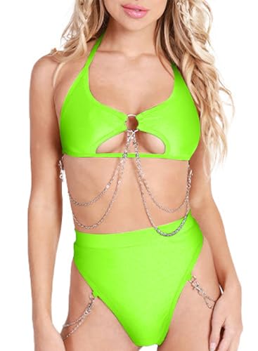 Ella Lust Rave-Outfits für Frauen – Sexy Festival Unterbrust-Oberteil mit Ausschnitt Disco-Silberkette hochgeschnittenes Nachtclub Bikini Set(Green,L,1312r) von Ella Lust