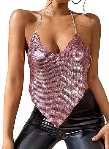 Ella Lust Sexy Metallic-Ketten-Top für Frauen – Pailletten-Neckholder, tiefer V-Ausschnitt, rückenfrei, bauchfreies Tank für Nachtclub, Party, Rave-Outfits, Pink, Groß von Ella Lust