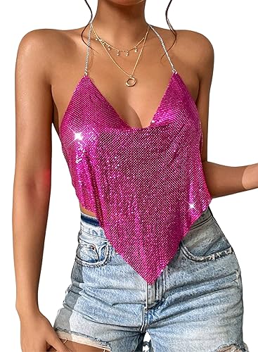 Ella Lust Sexy Metallic-Ketten-Top für Frauen – Pailletten-Neckholder, tiefer V-Ausschnitt, rückenfrei, bauchfreies Tank für Nachtclub, Party, Rave-Outfits, Rose, Groß von Ella Lust