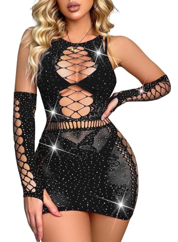 Ella Lust Damen Frauen Sexy Dessous Set - Rave Glitzerndes Kleid Mit Strasssteinen Bodycon Stretch Fischnetz Bodys Mesh Party Club Outfit Maxikleid Netzhandschuhen 3 Piece Sets(Black,O,10531r) von Ella Lust