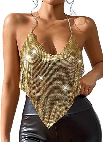 Ella Lust Sexy metallisches Kettenoberteil für Damen – Pailletten-Neckholder, tiefer V-Ausschnitt, rückenfreies Crop-Tanktop für Nachtclub-Party-Rave-Outfits(Gold,L,1072r) von Ella Lust