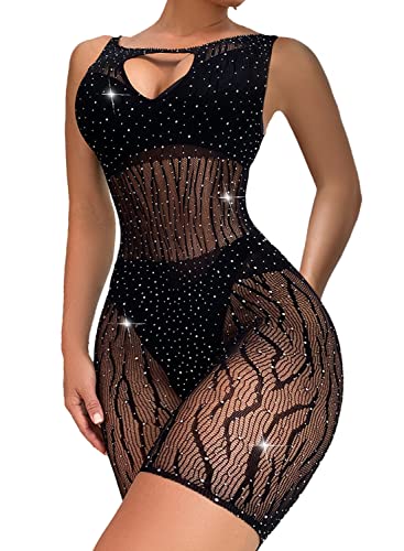 Ella Lust Verführerischer Body mit glitzernden Strasssteinen – Rave Exotic Mesh Fishnet Dancewear Party Overall mit Cut-Outs, figurbetontes Kleid für Frauen(Black,O,1053r) von Ella Lust