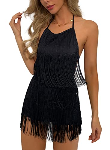 Ella Lust Verführerischer rückenfreier Overall mit Fransenkleid - Damen-Club-Boho-Playsuit mit Quasten und gestuftem Neckholder, Festival-Bodysuit(Black,L,1074r) von Ella Lust