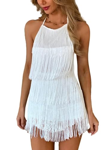 Ella Lust Verführerischer rückenfreier Overall mit Fransenkleid - Damen-Club-Boho-Playsuit mit Quasten und gestuftem Neckholder, Festival-Bodysuit(White,L,1074r) von Ella Lust
