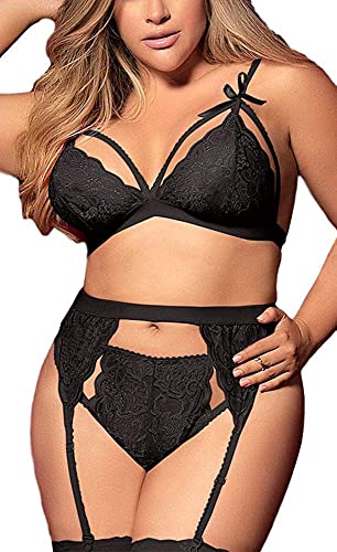 Frauen Plus Size Dessous - Sexy Schleife Spitze Bodysuit Exotische Träger Harness BH Panty Strumpfgürtel 3pcs Set, Schwarz, XXX-Large von Ella Lust