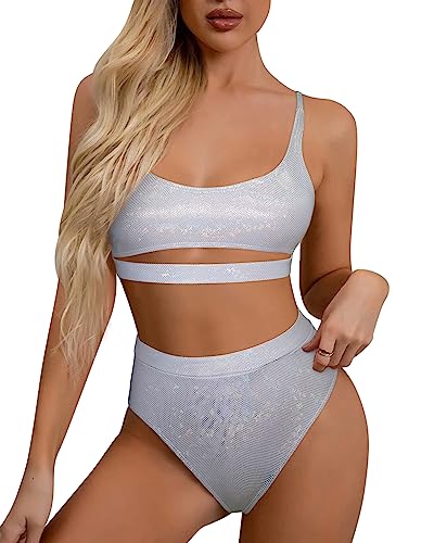 Glitzer-Rave-Outfits für Frauen – Festival, sexy, U-Ausschnitt, Unterbrustausschnitt, bauchfreies Top, hohe Taille, Bikini-Set, silber, Large von Ella Lust