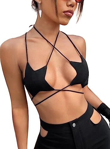 Rave Star Top Für Damen - Festival Outfit Sexy Spaghettiträger Rücken Verkreuzt Sport BH Taillenketten Nightclub Body Chain Frauen Weste Verschiedene Tragemethoden Ärmellos Crop Tops(Black,S,1078r) von Ella Lust