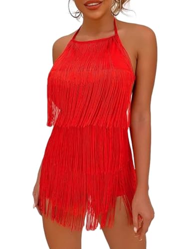 Sexy rückenfreies Kleid mit Fransen – Damen Club Boho Quaste gestuft Neckholder Playsuit Festival Bodysuit Strampler, Rot/Ausflug, einfarbig (Getaway Solids), Medium von Ella Lust