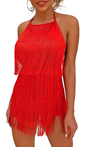 Sexy rückenfreies Fransenkleid – Damen 1920er Jahre Flapper Quaste Neckholder Playsuit Strampler Vintage Latein Tanzparty Kleider, rot, 32 von Ella Lust