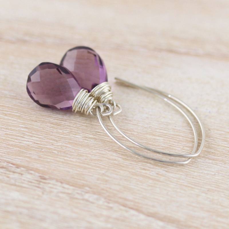 Amethyst Quarz & Sterling Silber Ohrringe, Draht Gewickelt Lila Edelstein Ohrringe An Langen Marquise Ohrhaken, Kleinem Haken Oder Lever Backs von EllaArtisanJewellery