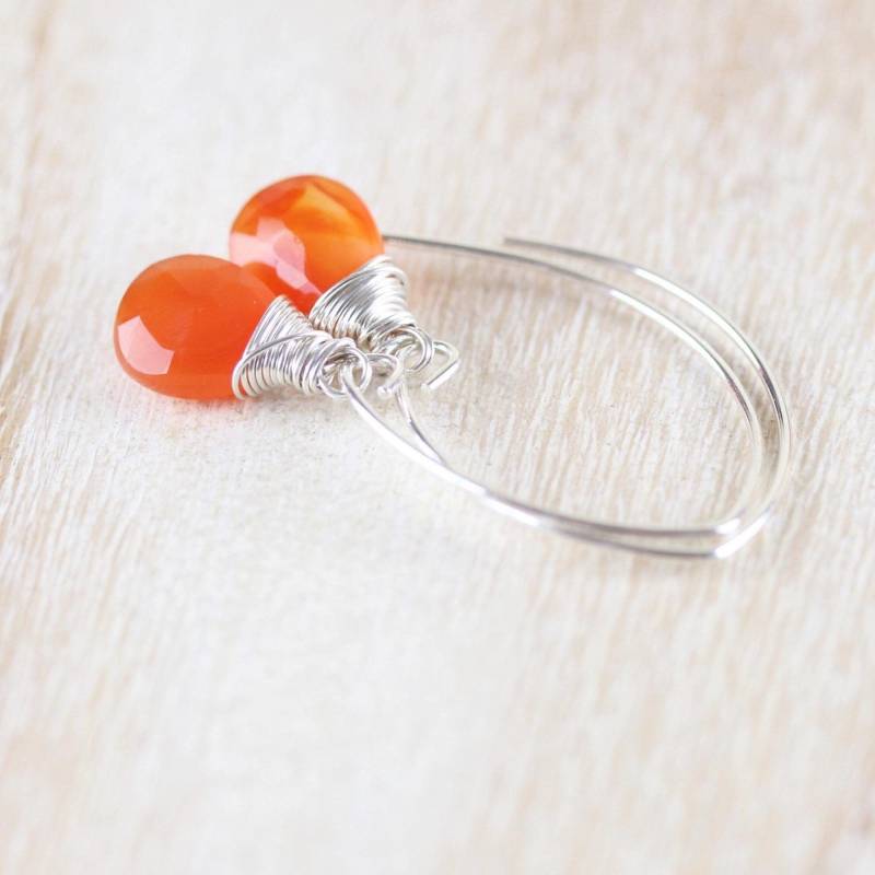 Karneol & Sterling Silber Draht Gewickelt Hängeohrringe An Langen Marquise, Kurzen Haken Oder Ohrhaken, Orange Edelstein Schmuck von EllaArtisanJewellery