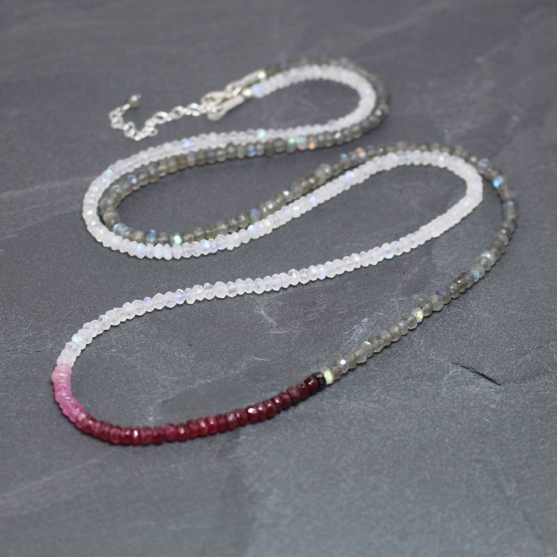 Lange Halskette Aus Rubin, Labradorit Und Regenbogen-Mondstein in Sterling Silber, Gold Oder Rosegold Filled, Ombre Edelstein Für Damen von EllaArtisanJewellery