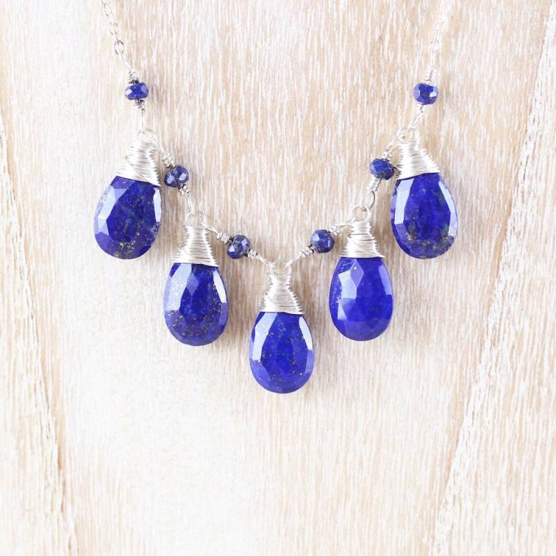 Lapis Lazuli & Sterling Silber Bib Halskette, Royal Kobalt Blau Halbedelstein, Draht Gewickelt Boho Schmuck Für Frauen, Geschenk Sie von EllaArtisanJewellery