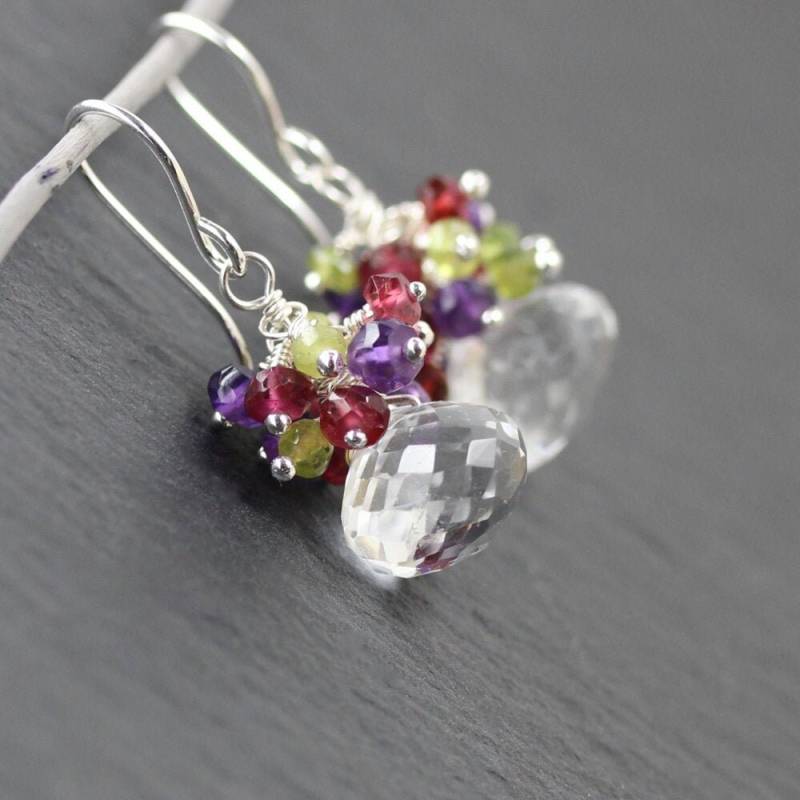 Multi Color Edelstein & Sterling Silber Cluster Ohrringe, Klarer Bergkristall, Amethyst, Granat Und Vesuvianit Feiner Schmuck Für Frauen von EllaArtisanJewellery