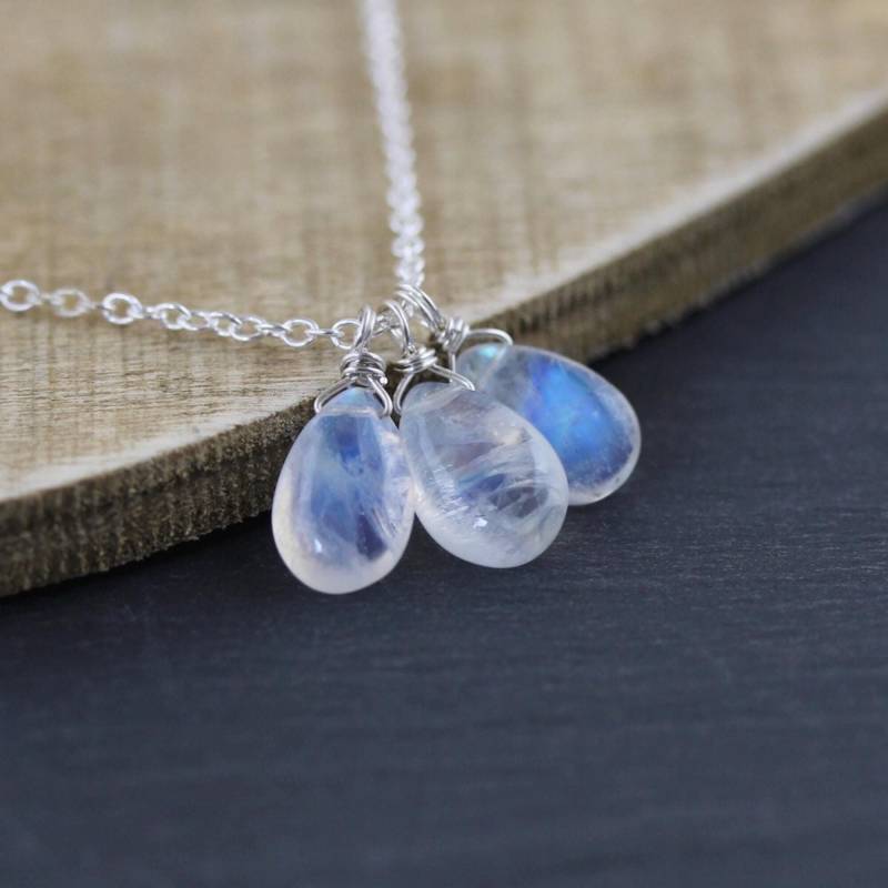 Regenbogen Mondstein Anhänger in Sterling Silber, Gold Oder Rosegold Filled, Blauer Blitz Edelstein Halskette, Draht Schmuck Für Frauen von EllaArtisanJewellery