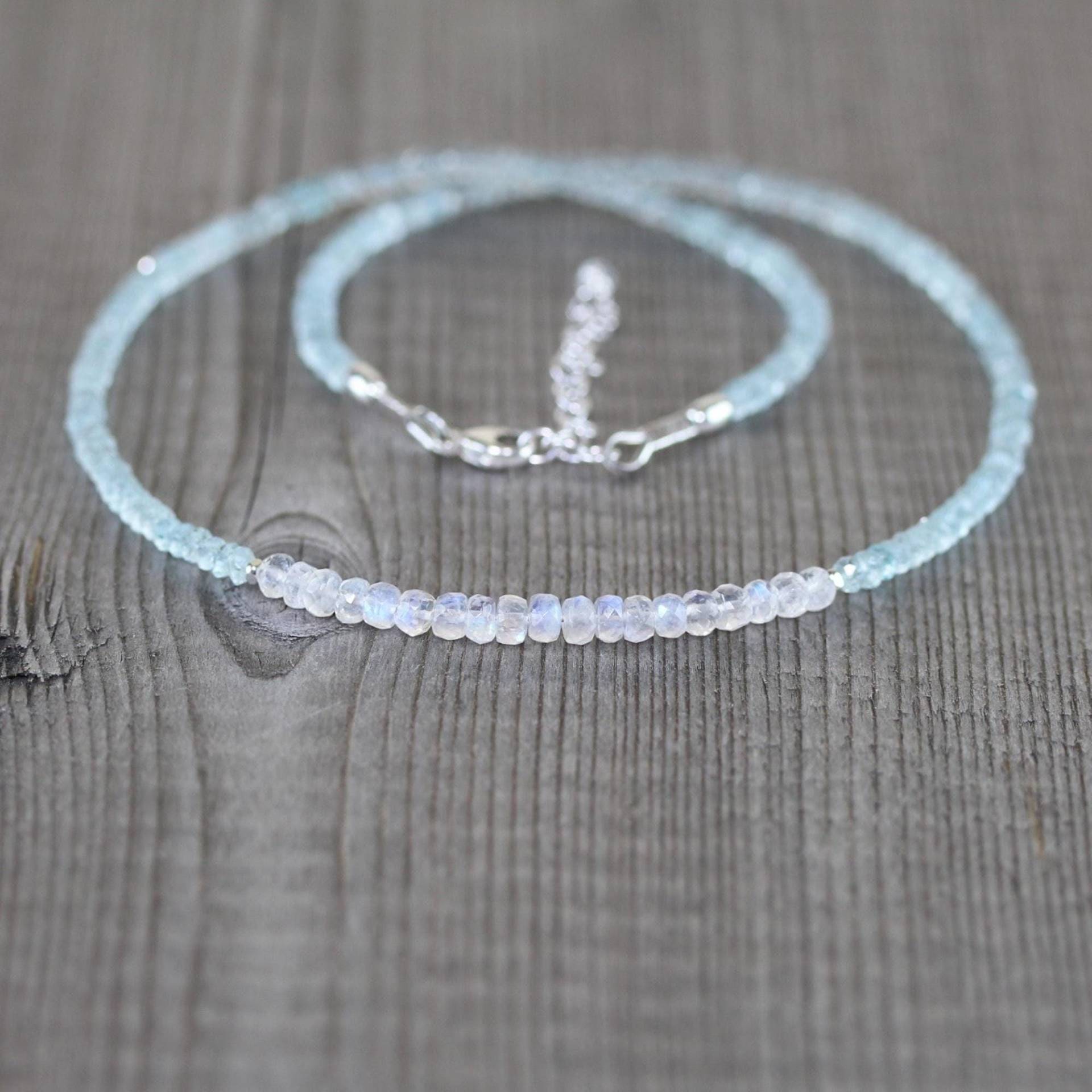 Regenbogen Mondstein & Aquamarin Halskette in Sterling Silber, Gold Oder Rosegold Filled, Echter Natürlicher Edelstein Schmuck von EllaArtisanJewellery