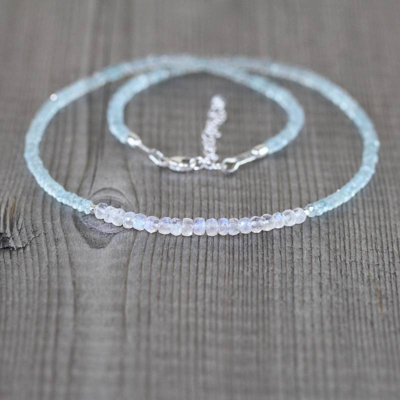 Regenbogen Mondstein & Aquamarin Halskette in Sterling Silber, Gold Oder Rosegold Filled, Echter Natürlicher Edelstein Schmuck von EllaArtisanJewellery