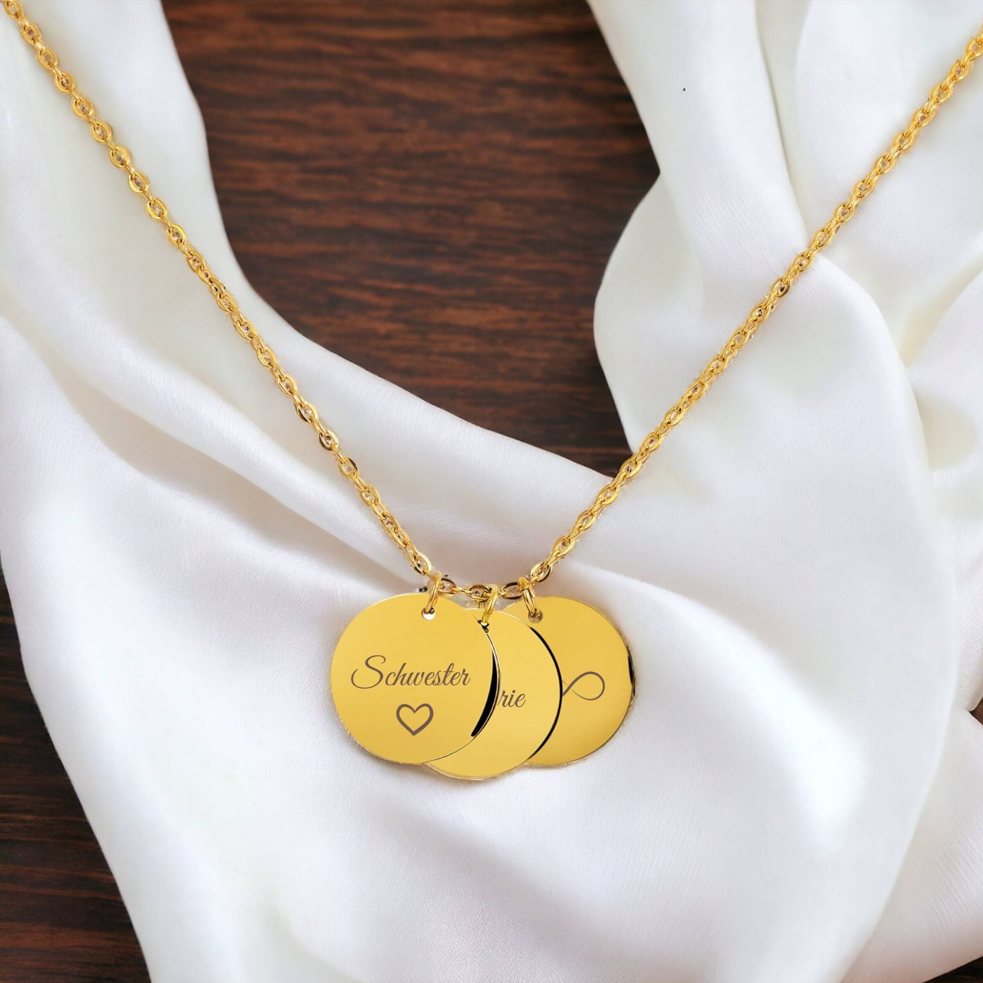Halskette Inklusive Gravur, Kette Mit 3 Gravurplättchen, Münzanhänger in Schwarz, Gold & Rosé, 15mm Anhänger Personalisiert | Fein Und Edel von EllaMiaBella