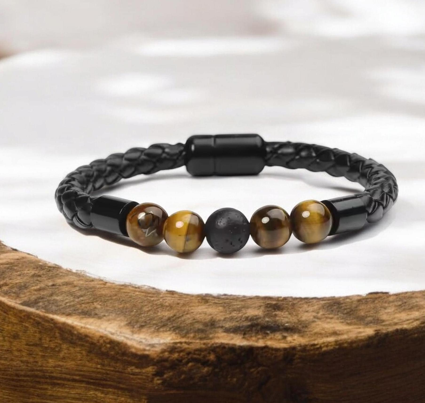 Naturstein Armband, Geflochtenes Schwarzes Herrenarmband, Vulkanstein, Tigerauge, Veganes Leder, Weihnachtsgeschenk Papa von EllaMiaBella