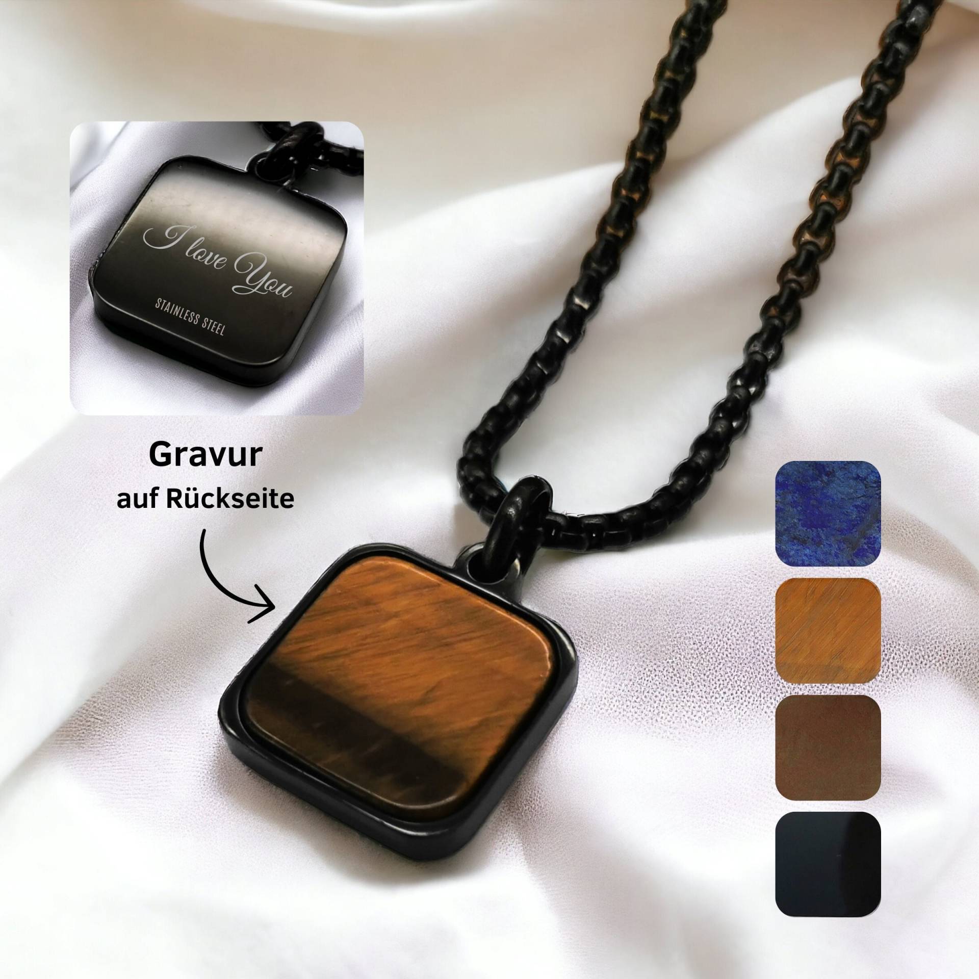 Natursteinanhänger Mit Erbskette Gravur, Schwarz Oder Silber, Kette Aus Edelstahl, Personalisierte Halskette, Edelstein, Tigerauge von EllaMiaBella