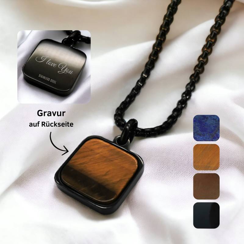 Natursteinanhänger Mit Erbskette Gravur, Schwarz Oder Silber, Kette Aus Edelstahl, Personalisierte Halskette, Edelstein, Tigerauge Natursteinanhänger Mit Erbskette Gravur, Schwarz Oder Silber, Kette Aus Edelstahl, Personalisierte Halskette, Edelstein, Tigerauge von EllaMiaBella