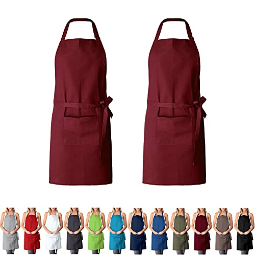 EllaTex DOPPELPACK Damen/Herren/Unisex Schürze Kochschürze Kellnerschürze Bistroschürze Küchenschürze Grillschürze Latzschürze 100% Baumwolle, Farbe: 2er PACK Weinrot von EllaTex