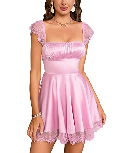 EYNMIN Damen Satin Spitze Riemen Minikleid Quadratischer Ausschnitt Flowy A-Linie Rüschen Swing Casual Kurze Kleider, Pink, Klein von EYNMIN