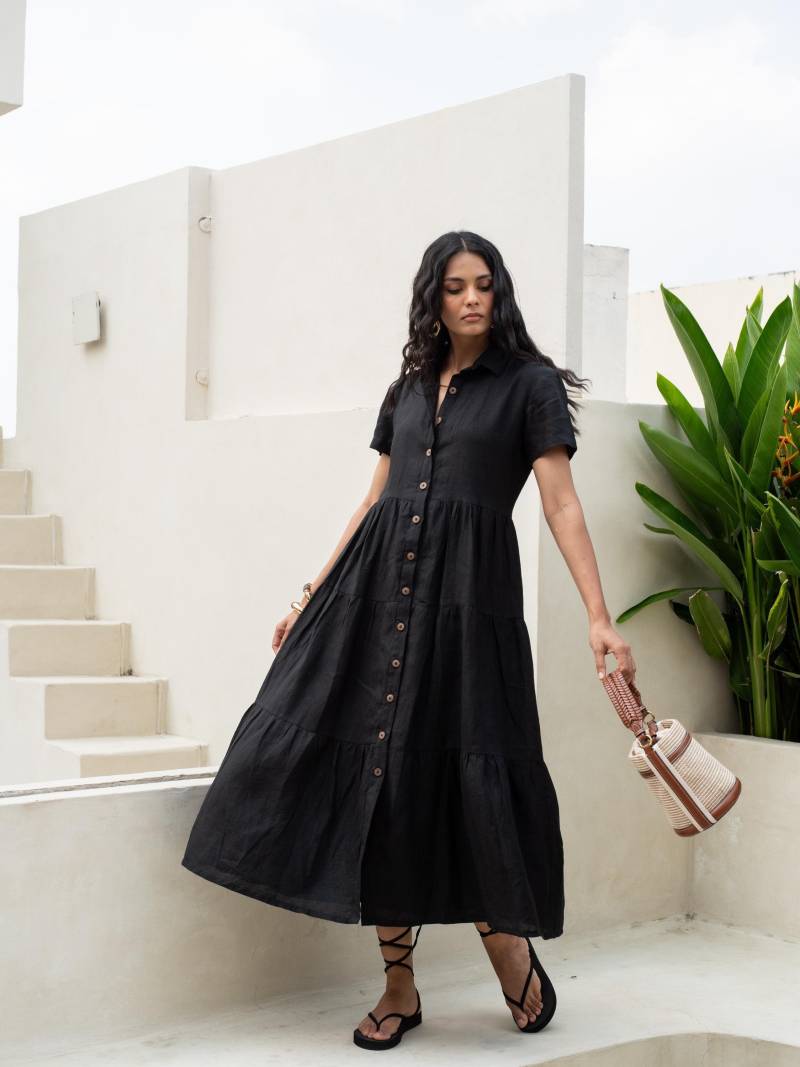 Bio Leinen Maxi Shirt Kleid Button Down, Loose Fit von Ellementree