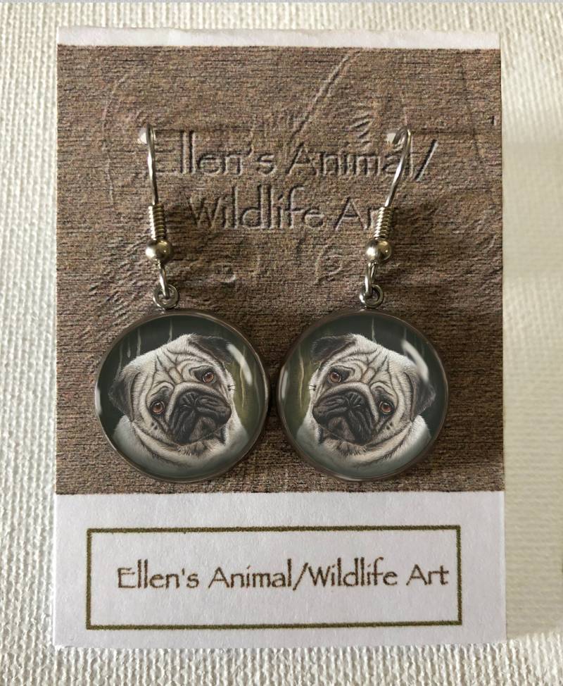 Mops Ohrringe, Schmuck, Kunst, Hundeohrringe, Niedlicher Hundeschmuck, Tierliebhaber, Glas Cabochon, Sammelbar von EllenChesterAnimals