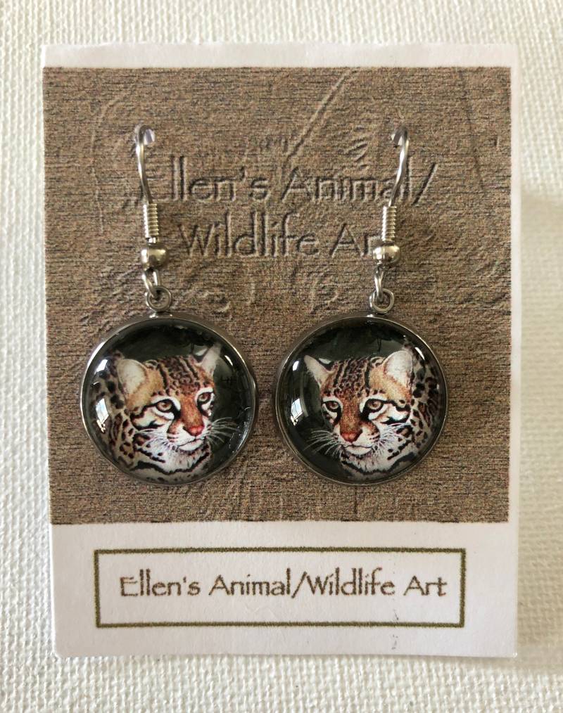 Ozelot Ohrringe, Schmuck, Sammlerstück, Kunst, Wildkatze, Südamerika, Gefleckt, Katzenschmuck von EllenChesterAnimals