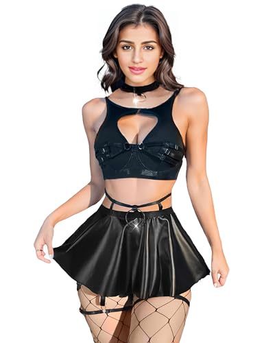 Ellenlove Rave-Outfits für Damen, Musikfestival, Chemise, Babydoll, Strumpfband, Dessous, Rock, Set mit Strümpfen (Schwarz, L), Schwarz von Ellenlove