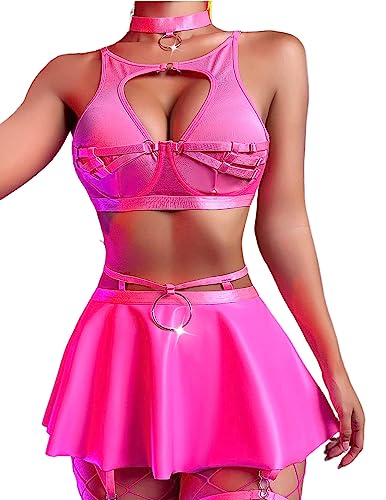 Ellenlove Rave Outfits für Frauen Musik Festival Chemise Babydoll Strumpfband Dessous Rock Set mit Strümpfen, Pink, Large von Ellenlove