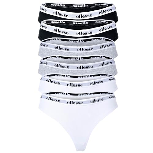 Ellesse Damen Strings, 6er Pack - HILLAR, Unterwäsche, Cotton Stretch, Logobund Schwarz/Weiß/Grau L von Ellesse