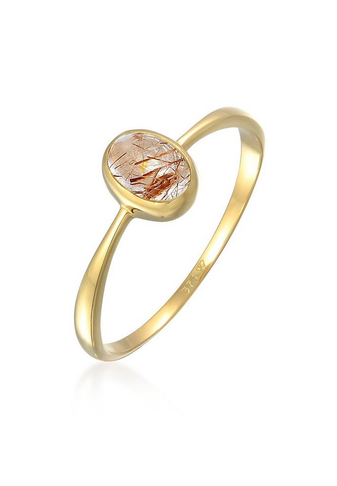 Elli Premium Fingerring Solitär Rutilquarz Edelstein Oval 375er Gelbgold von Elli Premium